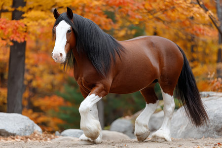 Majestic Clydesdale Stallion Galloping Through Vibrant Autumn Forest Surrounded by Colorful Leavesの素材