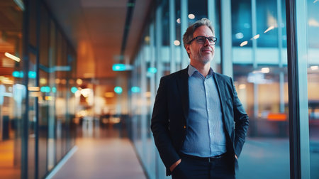 Contemplative corporate leader in office, envisioning future success with confidence and poise.の素材