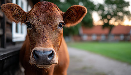 Red Devon Cow Grazing in a Green Pasture with Barn under Soft Morning Light, Exuding Tranquilityの素材