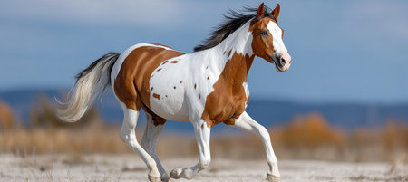 A Majestic Paint Horse Galloping Freely Across a Lush Green Meadow with Vibrant Colors and Patternsの素材