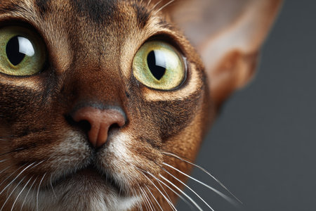 Stunning Abyssinian Cat Portrait with Unique Ticked Coat and Striking Green Eyes on Gray Backgroundの素材