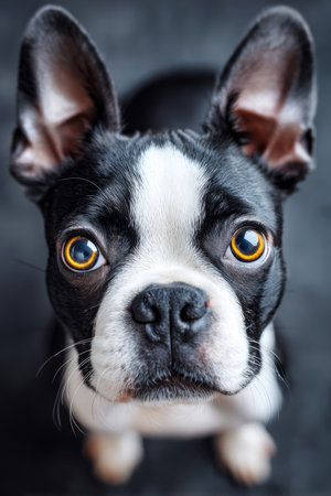 Adorable Boston Terrier Puppy with Big Eyes Gazing Upwards in Anticipation Against Gray Backdropの素材