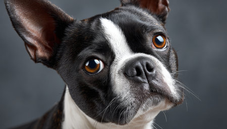 Charming Boston Terrier with Big Eyes, Captivating Gaze and Gentle Nature in Studio Portraitの素材