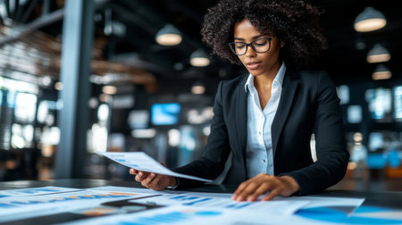 Businesswoman analyzing personal finance documents and investment strategies for future growth.の素材