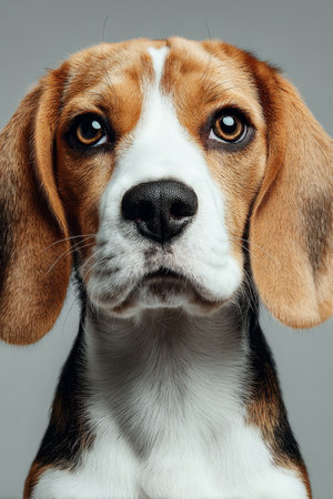 Charming Close-Up Portrait of an Adorable Beagle with Expressive Brown Eyes on Gray Backgroundの素材