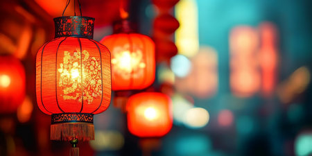 Vibrant Chinese New Year Celebration with Traditional Red Lanterns Illuminating Festive Streetsの素材