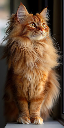 Elegant orange Persian cat with captivating feline eyes and luxurious fur sitting by the windowの素材