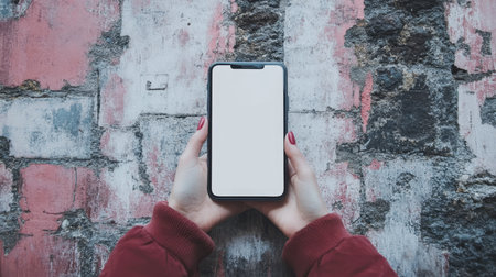 Close-up of Hands Holding a Blank Touch Screen Cellular Phone Against an Urban Brick Backgroundの素材