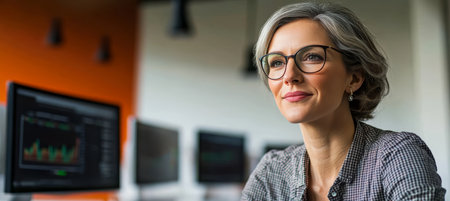 Experienced businesswoman with glasses analyzing data charts on multiple screens in a modern office.の素材