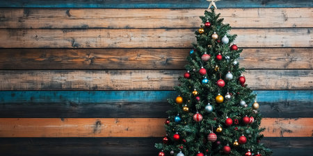 Beautifully Decorated Christmas Tree with Colorful Bulbs and Spheres for a Cozy Holiday Interiorの素材