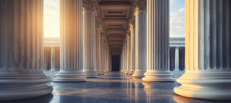 Stunning Interior of Classical Greek Roman Architecture Hall with Marble Columns and Sunlightの素材