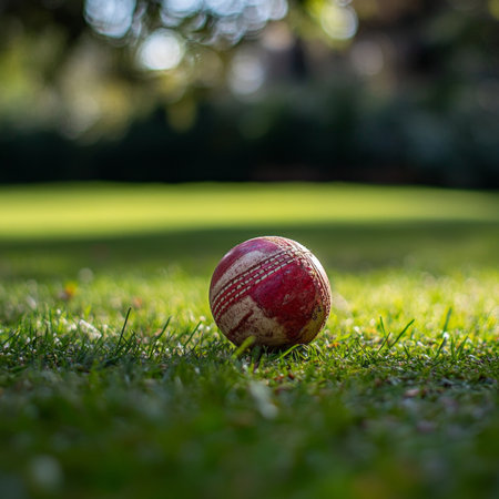 A Bright Red Cricket Ball Resting on Lush Green Grass in an Outdoor Sports Field Settingの素材