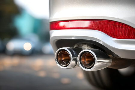 Close Up of Gleaming Dual Exhaust Pipes with Shining Stainless Metallic Tips from Behind a Vehicleの素材