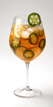 Chilled Jalapeo Margarita Cocktail in Wine Glass, Refreshing Spicy Lime Infusion Over Iceの素材