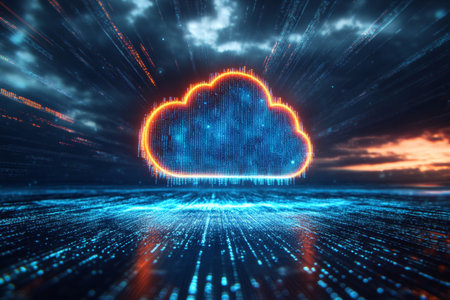 Futuristic Digital Cloud Network with Abstract Binary Connections Illustrating the AI Technology Eraの素材