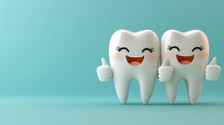 Radiant Smiles with Cheerful Tooth Characters Giving Thumbs Up, Promoting Dental Health and Careの素材