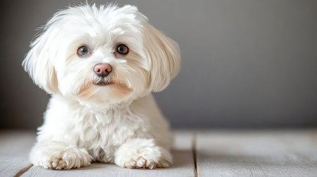 Adorable Close-Up of a Playful White Bichon Frise with Brown Eyes on a Soft Gray Backgroundの素材