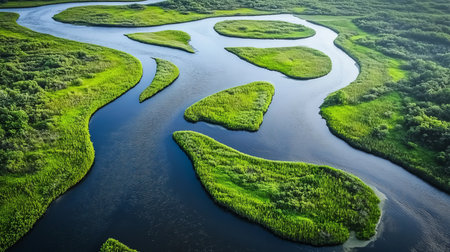Vibrant Aerial View of Lush Green Wetlands with Scenic Waterways and Diverse Flora and Faunaの素材