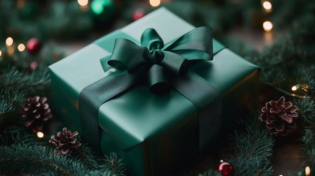 Beautifully Wrapped Christmas Gift with Green Ribbon Surrounded by Festive Evergreen Decorationsの素材