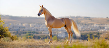Majestic horse standing gracefully in a tranquil landscape at sunrise, embodying peace and strength.の素材