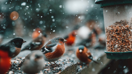 Chaffinches Delight in a Snowy Garden, Seeking Refuge and Nourishment During Cold Winter Daysの素材