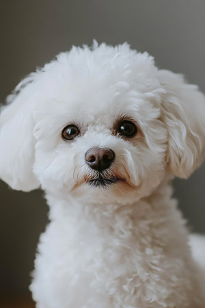 Close-Up Portrait of a Fluffy Bichon Frise with Introspective Eyes Against Soft Gray Backgroundの素材