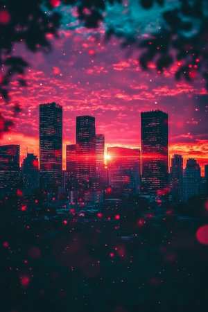 Vibrant Cityscape at Dusk Stunning Urban Skyline with Glowing Lights and Beautiful Sunset Colorsの素材