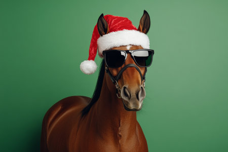 Cheerful Brown Horse Portrait with Festive Attire and Merry Expressions for Christmas Celebrationsの素材