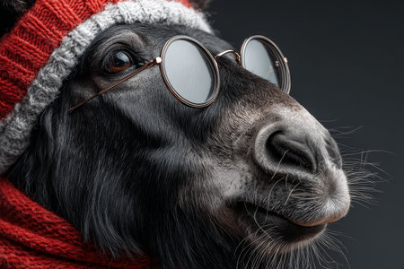 Charming Holiday Portrait of a Relaxed Animal in a Knitted Hat Celebrating Christmas Cheerfullyの素材