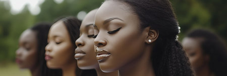 Diverse Group of Serene Women Standing Together Outdoors, Celebrating Cultural Unity and Harmonyの素材