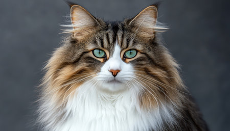 Elegant Norwegian Forest Cat with Striking Emerald Eyes Posed Against a Soft Gray Backgroundの素材