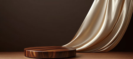 Elegant Brown Backdrop with Wooden Pedestal and Silken Drape for Sophisticated Luxury Visual Displayの素材