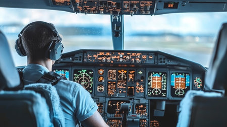 Licensed pilot expertly navigates advanced aircraft controls in busy airspace environment.の素材