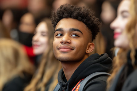 Engaged Teen Surrounded by Diverse Classmates in a Bright Classroom, Deep in Thoughtful Discussionの素材