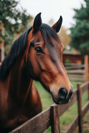 Majestic Horse Grazing Peacefully with Serene Gaze Beside a Rustic Wooden Fence in Green Pastureの素材
