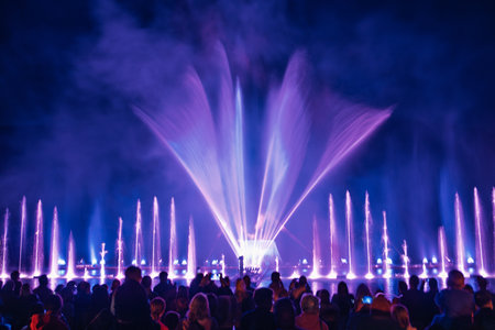 Spectacular Water Fountain Show at Night with Crowd. Illuminating Fountain Symphony.の写真素材