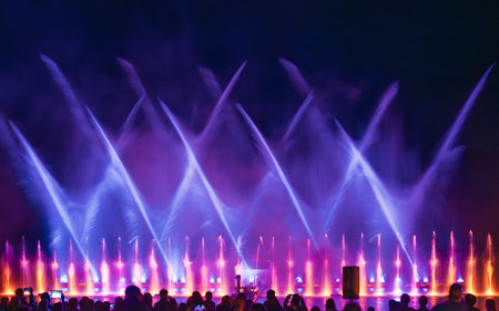 Spectacular Water Fountain Show at Night A Mesmerizing Display of Light and Water Effectsの写真素材