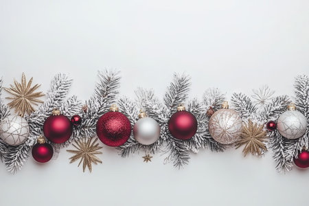 Stunning Christmas Garland Decoration with Red and Silver Ornaments, Gold Stars, and Pine Branchesの素材