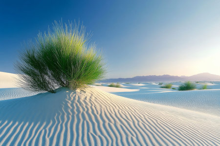 Breathtaking View of Striking White Sand Dunes Under a Clear Blue Sky with Captivating Patternsの素材