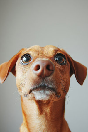 Charming Dachshund with Expressive Eyes on a Soft Gray Background, Showcasing Its Unique Personalityの素材