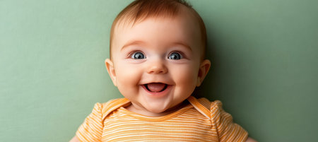 Adorable Baby Laughing Joyfully on Green Backdrop, Capturing Pure Innocence and Delightful Smilesの素材