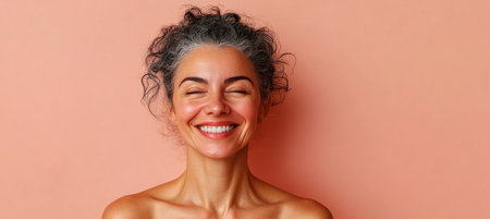Cheerful Senior Woman with Glowing Skin Smiling Against a Soft Pastel Background, Embracing Agingの素材