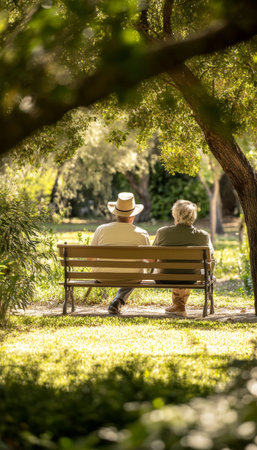 Elderly couple sharing a peaceful moment on a weathered wooden bench in a scenic park setting.の素材