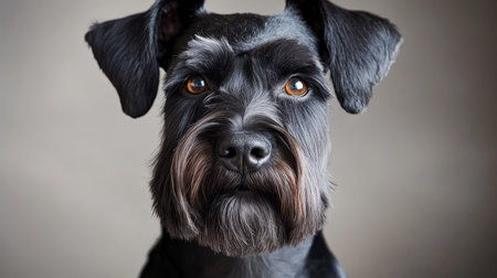 Adorable Miniature Schnauzer in Studio Portrait, Exuding Love and Curiosity Against Gray Backgroundの素材