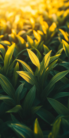 Vibrant emerald green leaves soaking up the dappled sunlight in a tranquil morning settingの素材