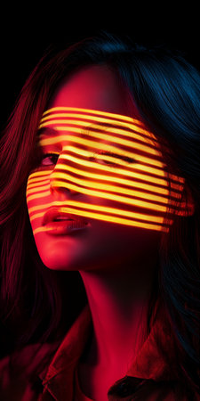 Mysterious Portrait of a Woman with Creative Light Strips and Abstract Illusions Enhancing Featuresの素材