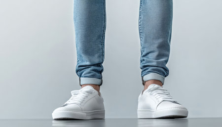 Trendy Light Blue Denim Jeans Paired with Fresh White Sneakers for a Comfortable Casual Lookの素材