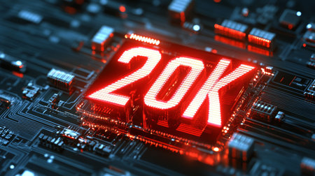 Futuristic 20K Red Digital Display, Illuminated Design Showcasing Advanced Technology and Circuitsの素材