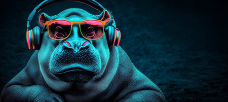Cool and Vibrant Hippopotamus with Headphones and Sunglasses Enjoying a Lively Neon Party Atmosphereの素材