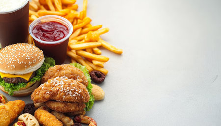 A Delicious Array of Savory Takeout Food Options Including Burgers, Fried Chicken, and Friesの素材